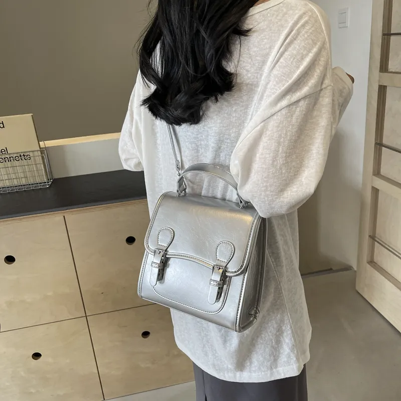 PINK·LAND PU Double Shoulder Handbag Women's Silver White/Burgundy/Black-4