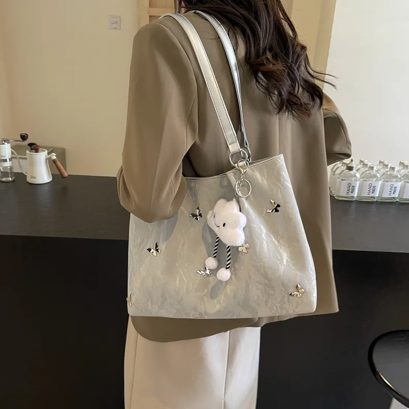 PINK·LAND PU Tote Bag Shopping Bag Shoulder Bags Women's Silver/Ecru/Blue Black-2
