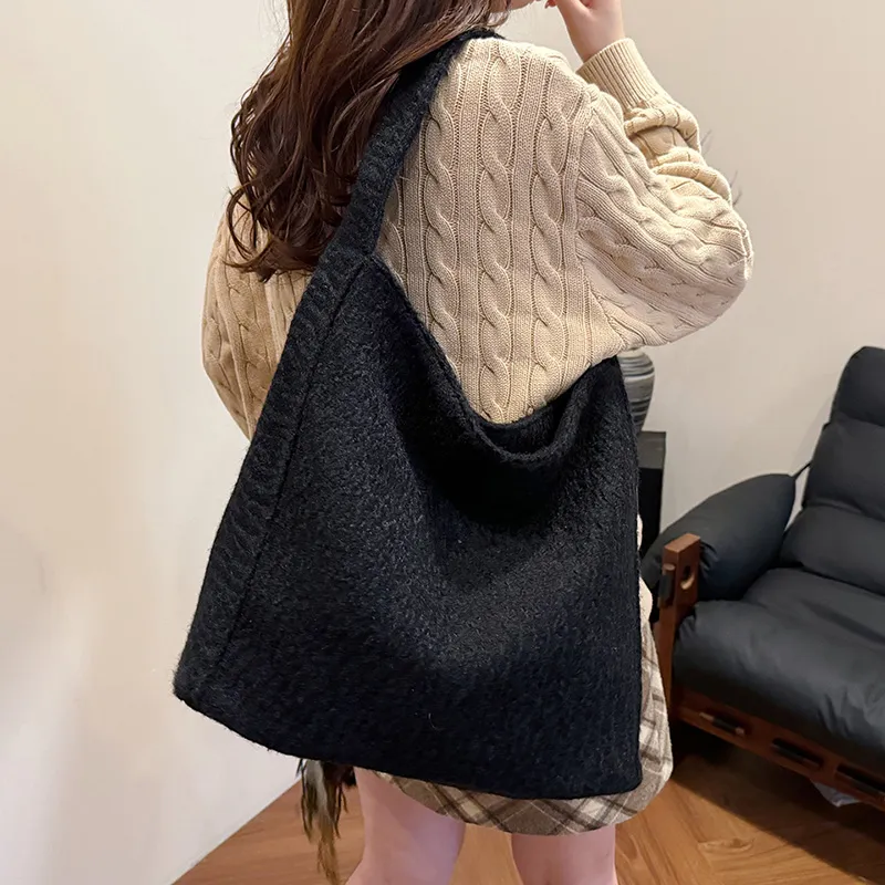 RUIPAI Woolen Tote Bag, Shopping Bag, Shoulder Bag Regular Women's Gray/Black/Black White Plaid/Brown-9