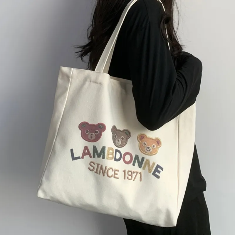 PINK·LAND Canvas Tote Bag Shopping Bag Canvas Bag Shoulder Bag Regular Women's White-5