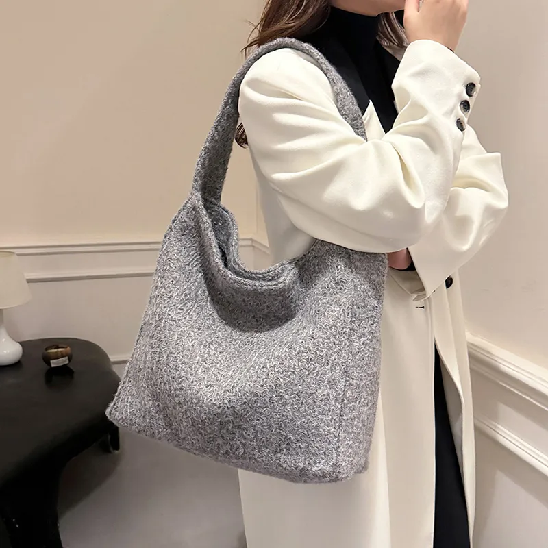 RUIPAI Woolen Tote Bag, Shopping Bag, Shoulder Bag Regular Women's Gray/Black/Black White Plaid/Brown-3
