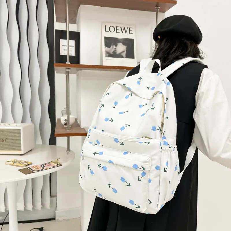 PINK·LAND Twill Canvas Backpack Women's Ivory/Pink/Light Blue-17