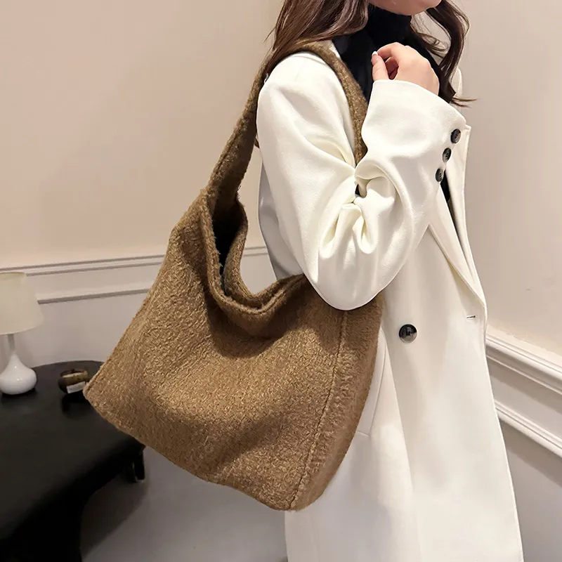 RUIPAI Woolen Tote Bag, Shopping Bag, Shoulder Bag Regular Women's Gray/Black/Black White Plaid/Brown-27