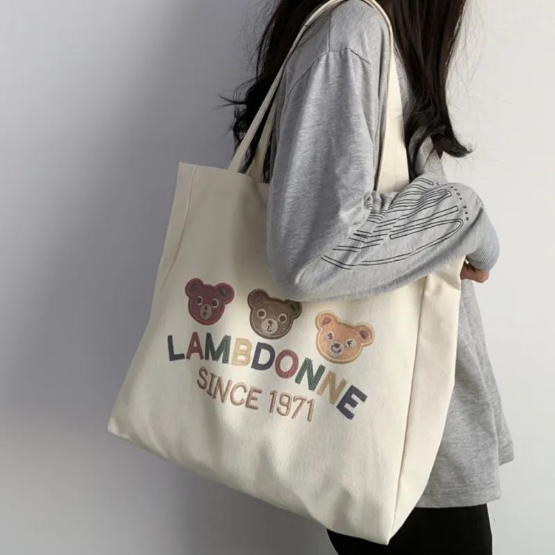 PINK·LAND Canvas Tote Bag Shopping Bag Canvas Bag Shoulder Bag Regular Women's White-4
