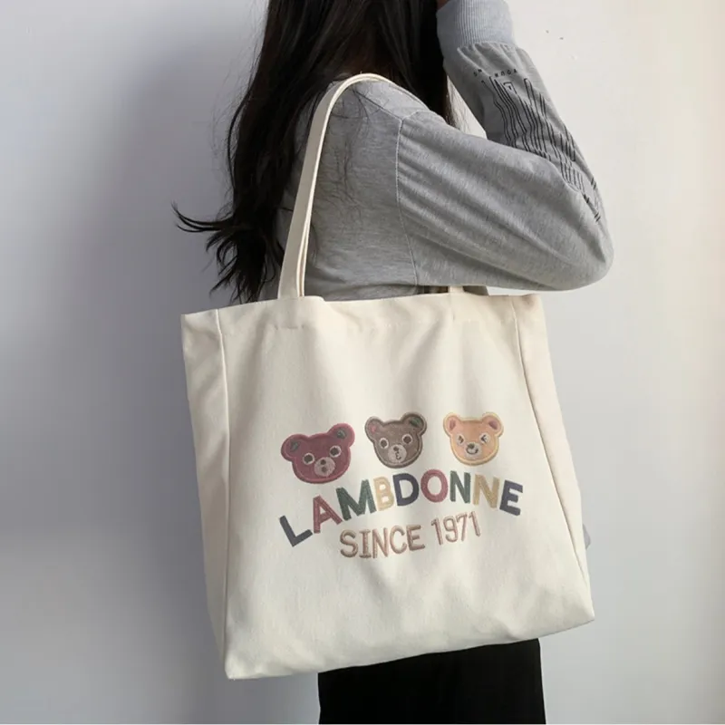 PINK·LAND Canvas Tote Bag Shopping Bag Canvas Bag Shoulder Bag Regular Women's White-3