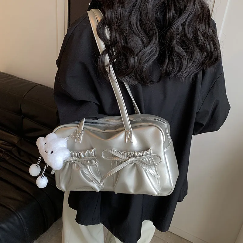 PINK·LAND PU Shoulder Bag Women's Black/Silver/Pearl Pink/Pearl White-9