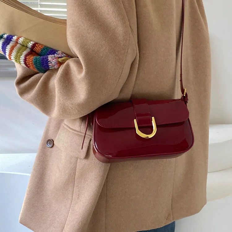 PINK·LAND Pu Shoulder Bag Regular Women's Burgundy Patent Leather+Shopping Bag/Black+Shopping Bag-5