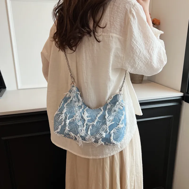 PINK·LAND Denim Portable Crossbody Bag, Shoulder Bag Women's Blue-2