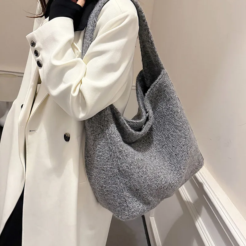 RUIPAI Woolen Tote Bag, Shopping Bag, Shoulder Bag Regular Women's Gray/Black/Black White Plaid/Brown-5