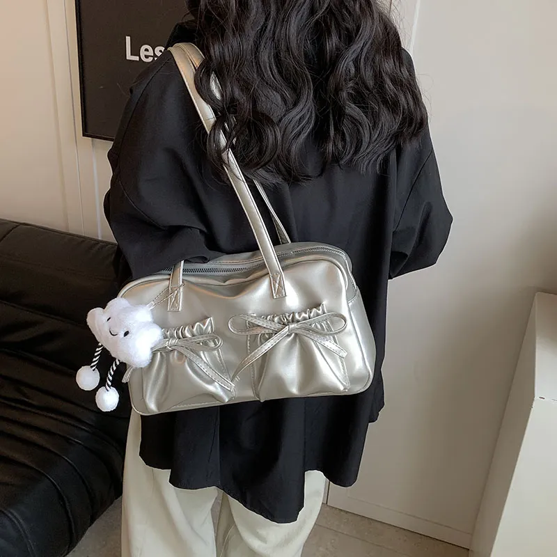 PINK·LAND PU Shoulder Bag Women's Black/Silver/Pearl Pink/Pearl White-8