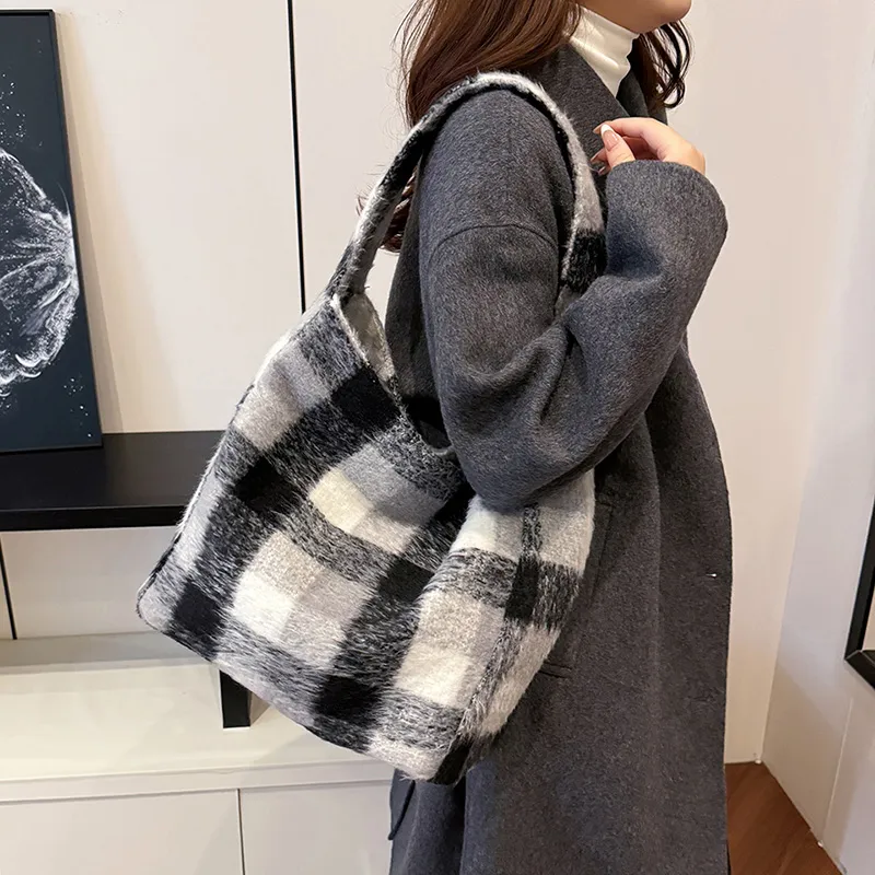 RUIPAI Woolen Tote Bag, Shopping Bag, Shoulder Bag Regular Women's Gray/Black/Black White Plaid/Brown-19