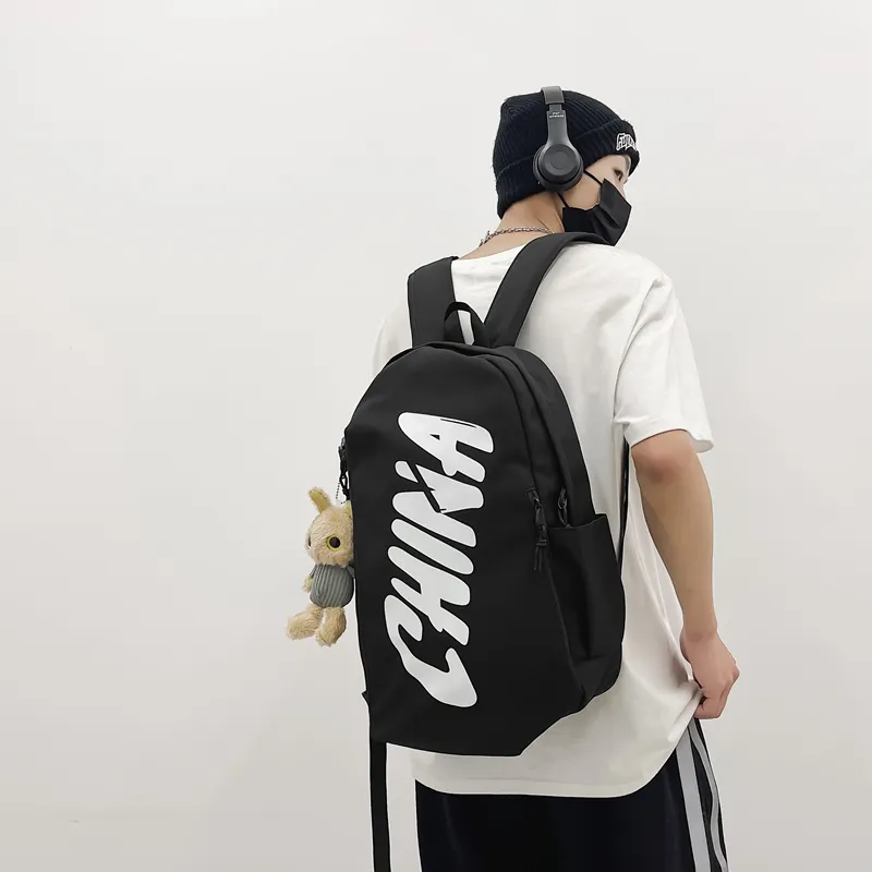 PINK·LAND Nylon Backpack Regular Unisex Black White/Brick Red/Gray-2