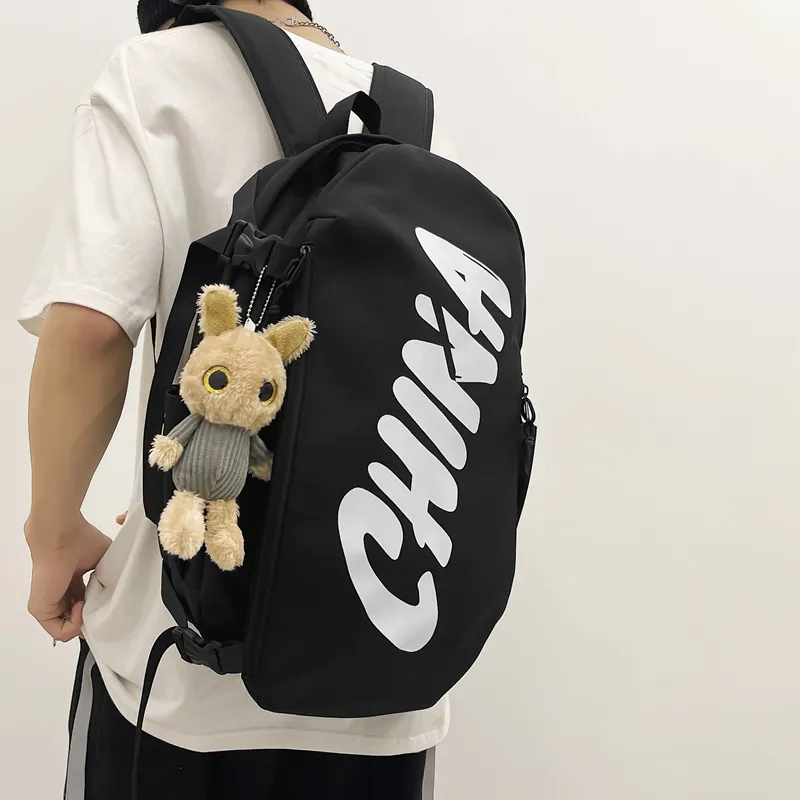 PINK·LAND Nylon Backpack Regular Unisex Black White/Brick Red/Gray-3