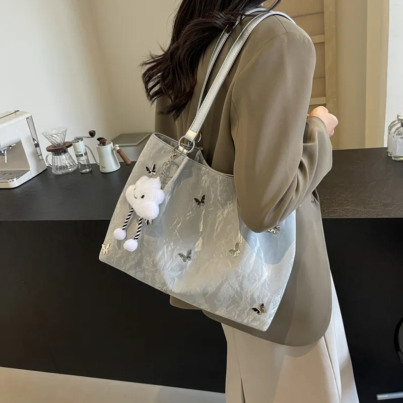 PINK·LAND PU Tote Bag Shopping Bag Shoulder Bags Women's Silver/Ecru/Blue Black-4