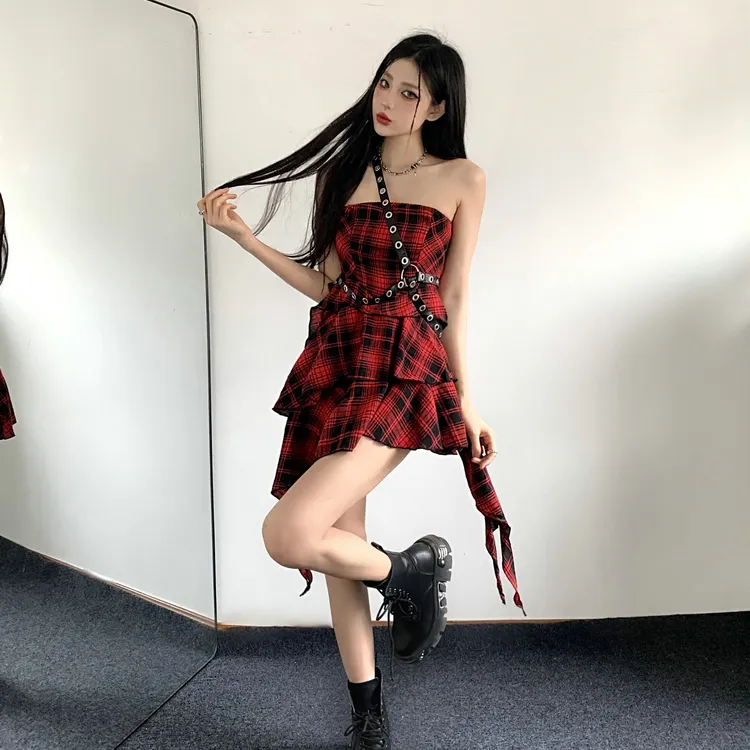 QUIET ANGEL Slip Dresses Women's Red Plaid Skirt Shopping Bag-4