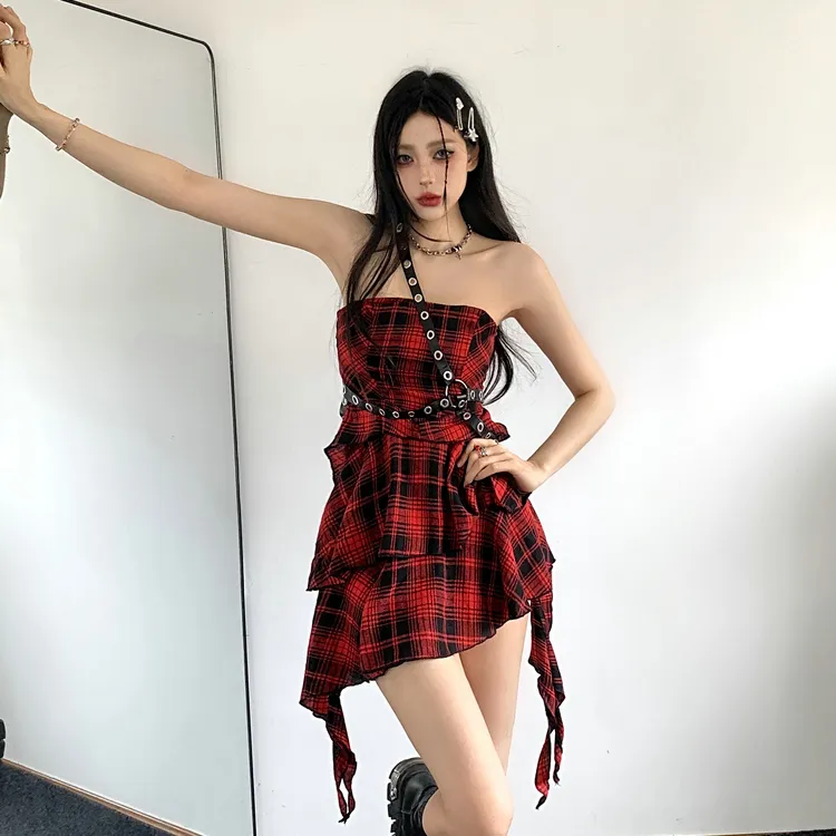 QUIET ANGEL Slip Dresses Women's Red Plaid Skirt Shopping Bag-3