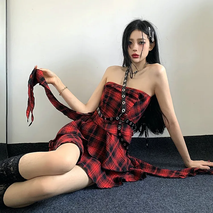 QUIET ANGEL Slip Dresses Women's Red Plaid Skirt Shopping Bag-2