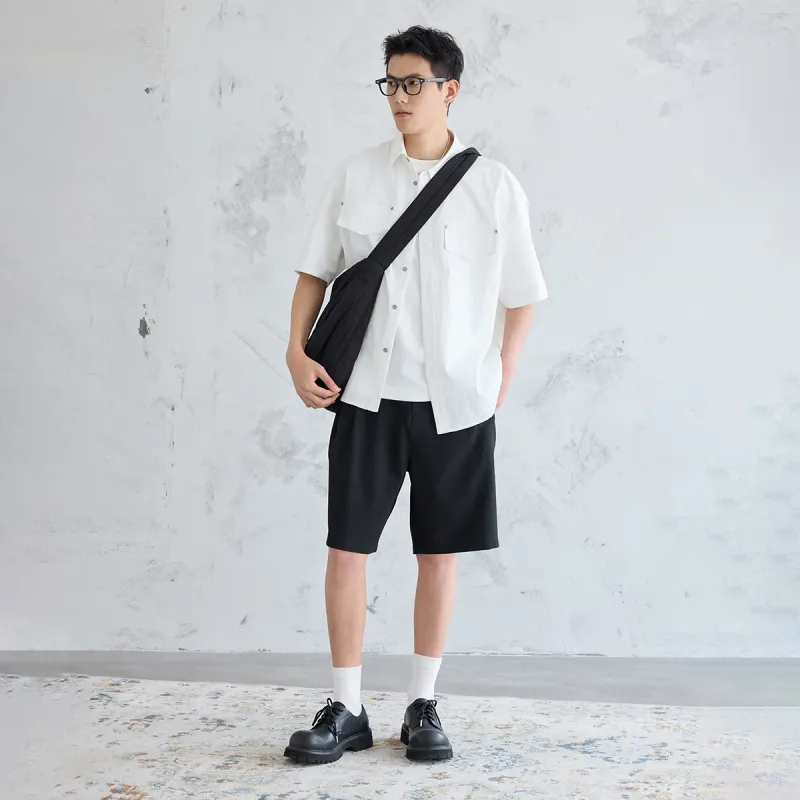 A.B.X Color Block Line Design Rivet Pocket Lapel Silhouette Short Sleeved Shirt Unisex-8