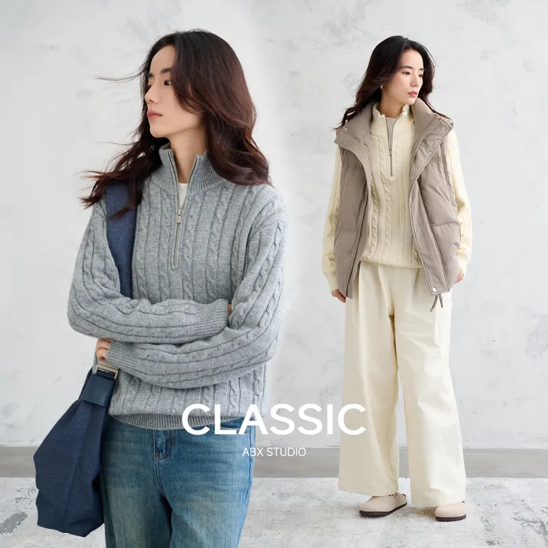 A.B.X Semi-Open Collar Stand Collar Pullover Knitwear Sweater Unisex-4