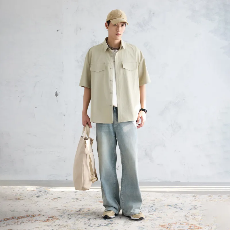 A.B.X Color Block Line Design Rivet Pocket Lapel Silhouette Short Sleeved Shirt Unisex-13