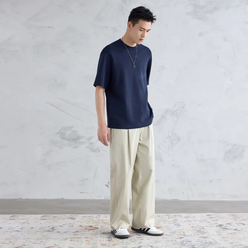 A.B.X Semi Elastic Waistband Single Pleat Slant Slip Pocket Invisible Zipper Pocket Straight Fit Casual Pants Men's-9