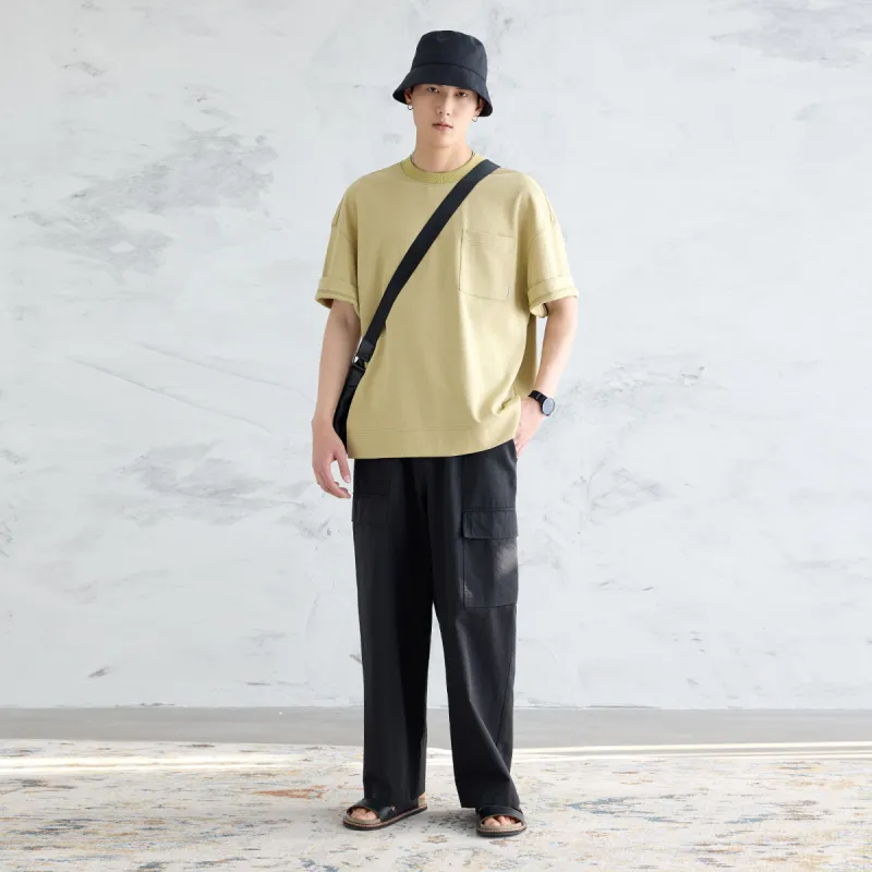 A.B.X Asymmetrical Patch Pockets On Both Sides Semi Elastic Waistband Casual Pants Men's-9