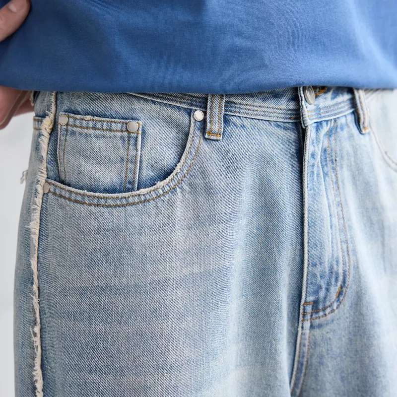 A.B.X Side Seam Frayed Edge Wide Comfortable Denim Pants Men's Light Blue-6