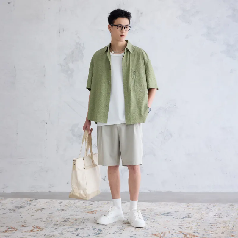 A.B.X Draped Wide Pleated Semi Elastic Waistband Comfortable Mid Length Pants Men's-12