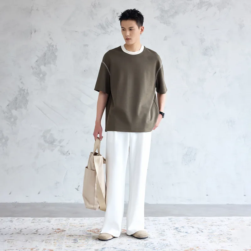 A.B.X Color Blocking Ribbed Collar Silhouette Short-Sleeved T-Shirts Men's-3