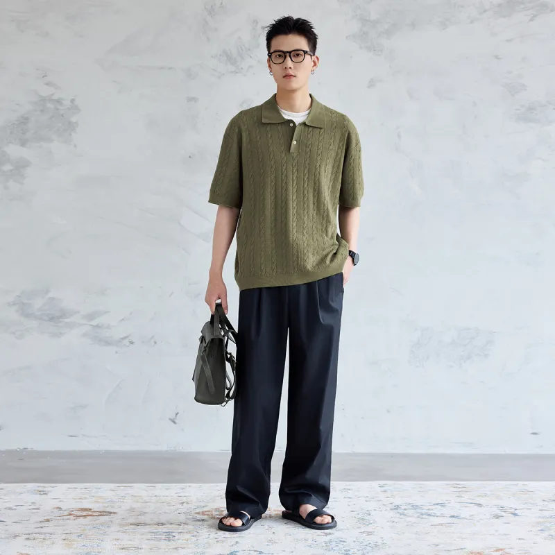 A.B.X Semi Elastic Waistband Single Pleat Slant Slip Pocket Invisible Zipper Pocket Straight Fit Casual Pants Men's-4