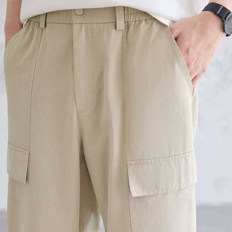 A.B.X Asymmetrical Patch Pockets On Both Sides Semi Elastic Waistband Casual Pants Men's-5