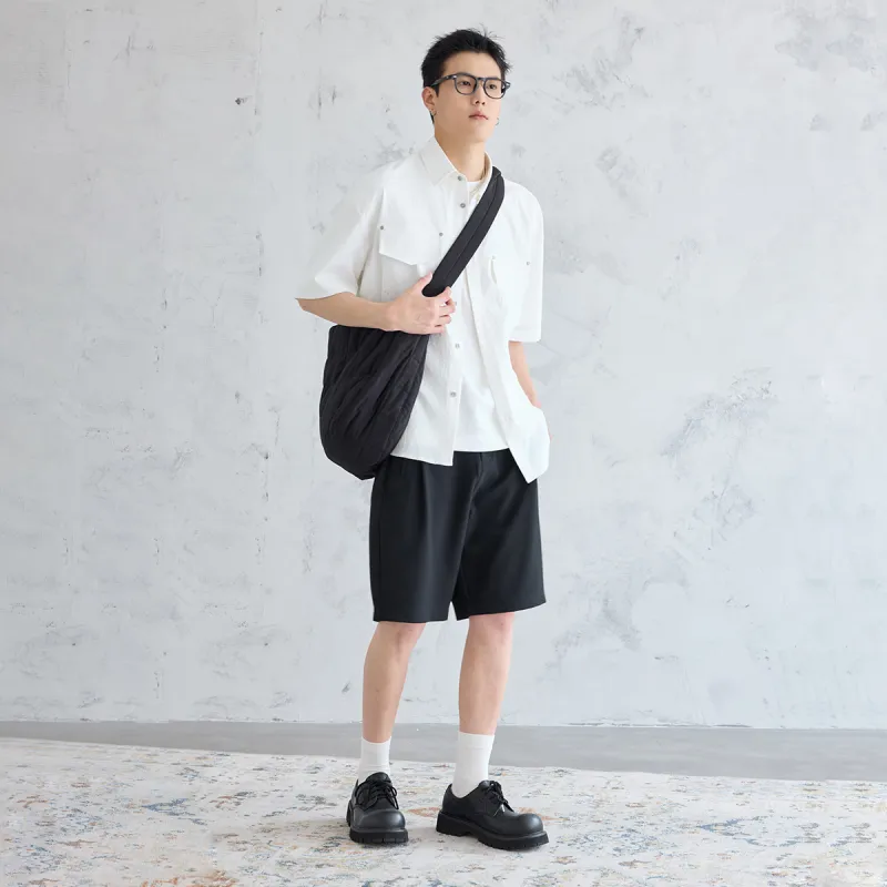 A.B.X Draped Wide Pleated Semi Elastic Waistband Comfortable Mid Length Pants Men's-9