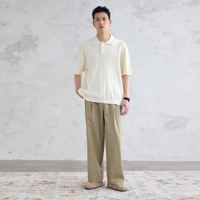 A.B.X Semi Elastic Waistband Single Pleat Slant Slip Pocket Invisible Zipper Pocket Straight Fit Casual Pants Men's-2