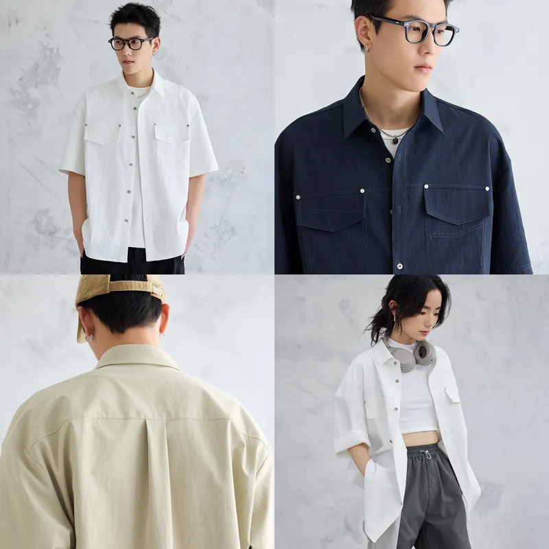 A.B.X Color Block Line Design Rivet Pocket Lapel Silhouette Short Sleeved Shirt Unisex-6