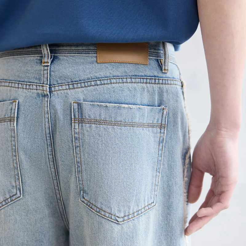A.B.X Side Seam Frayed Edge Wide Comfortable Denim Pants Men's Light Blue-5