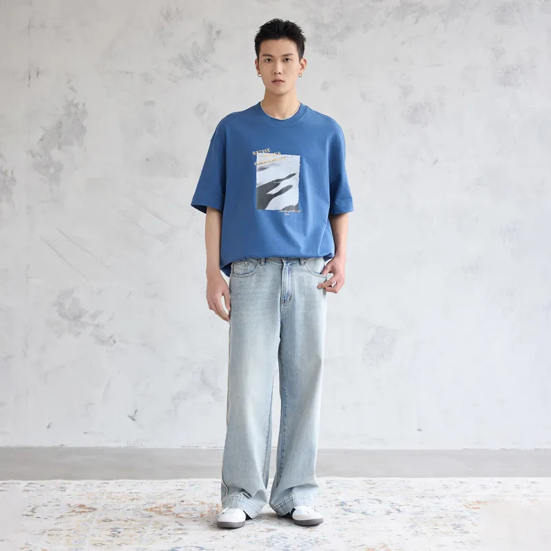 A.B.X Side Seam Frayed Edge Wide Comfortable Denim Pants Men's Light Blue-4