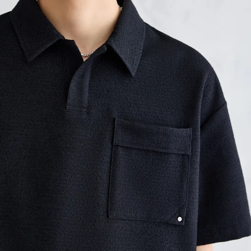 A.B.X Summer Single Pocket Rivet Lapel Silhouette Short Sleeved Polo Shirt Men's-1