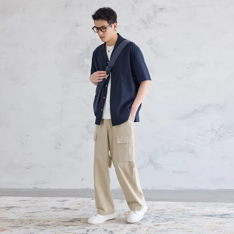 A.B.X Asymmetrical Patch Pockets On Both Sides Semi Elastic Waistband Casual Pants Men's-3