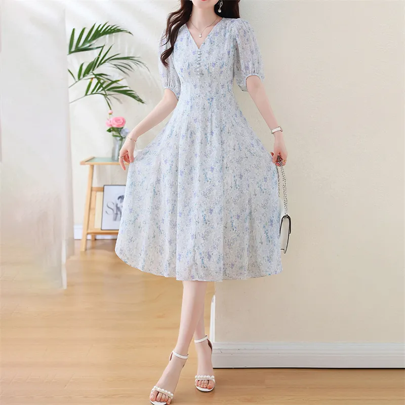 EIDOLON GRAIN Short Sleeved Dress Women's White With Purple Floral-5