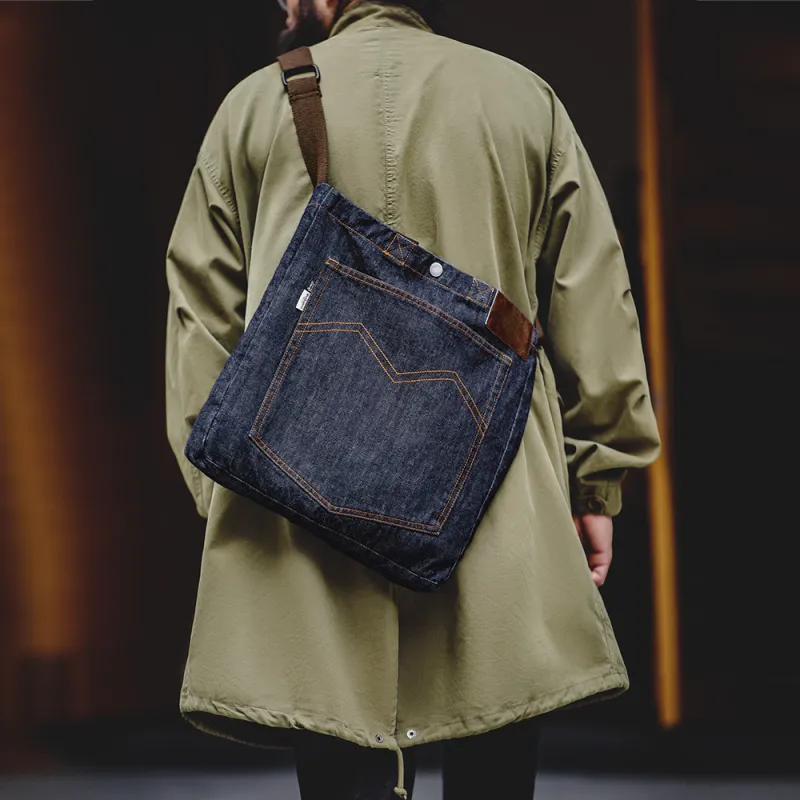 MADEN Denim Tote Bag, Shopping Bag, Shoulder Bag, Crossbody Bag, Handbag Large Size Unisex Blue-2