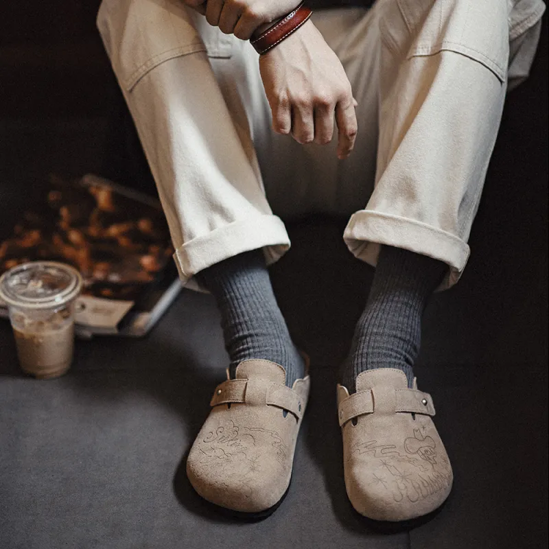 MADEN Cork Sole Quiet Genuine Leather Closed Toe Slipper Mules Unisex-7