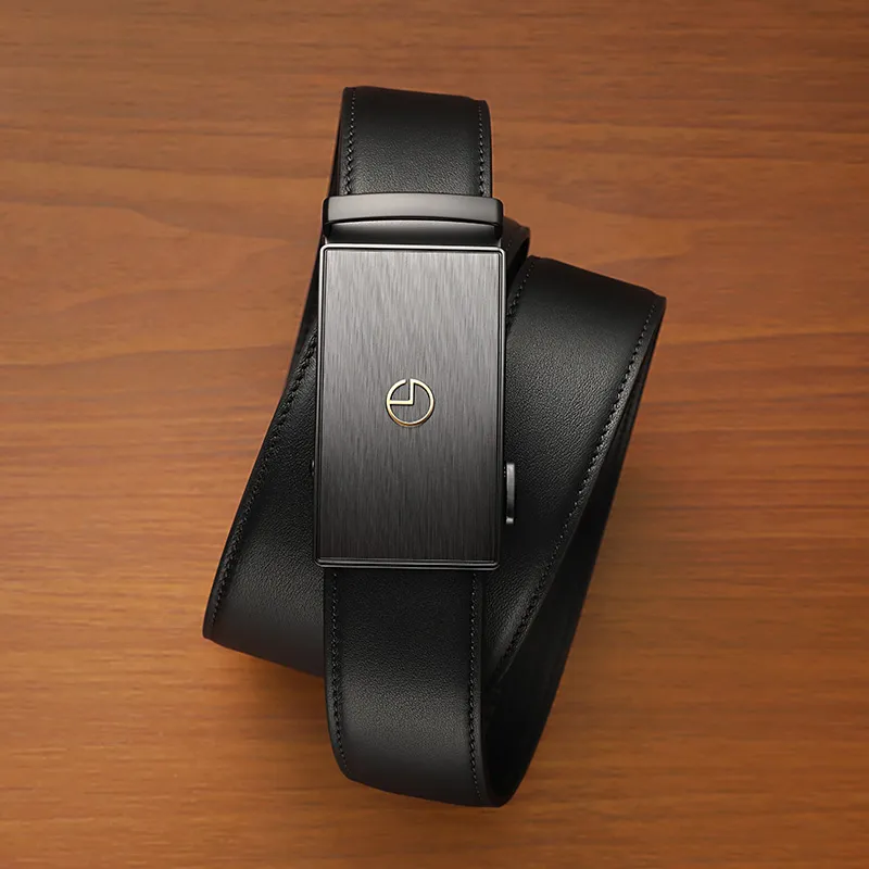 GOLDLION Top Grain Cow Leather Automatic Buckle Belt Men's Black Width 3.5CM-4
