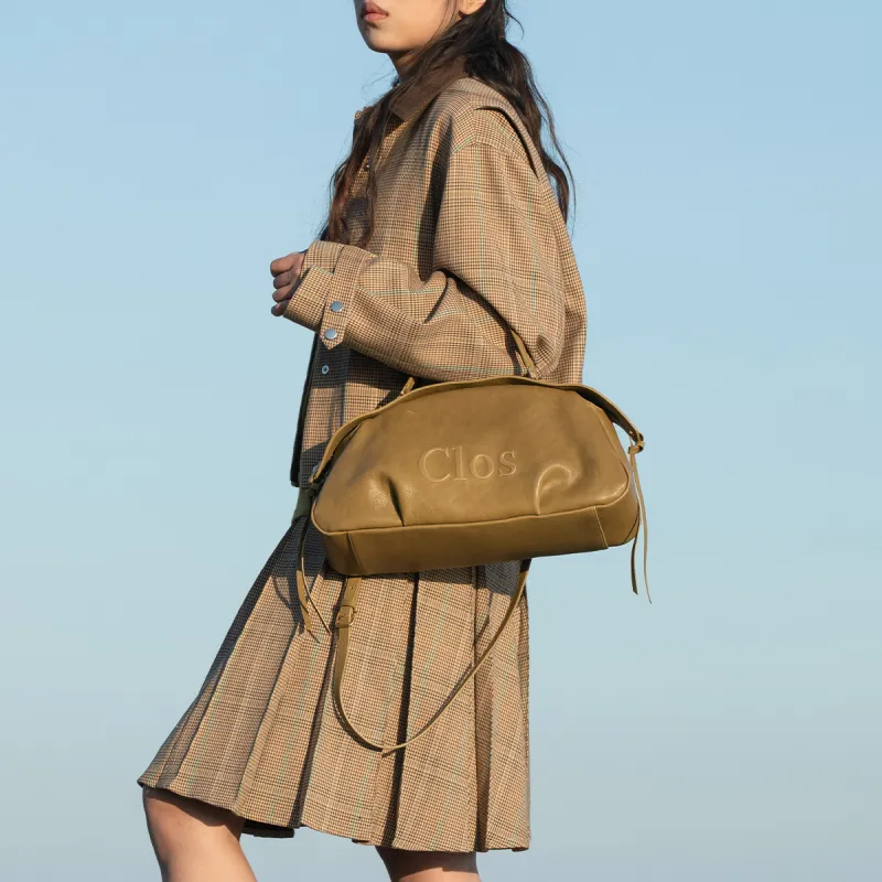 Clos Vegetable Tanned Cow Leather Handbag Large Size Women's Green/Apricot/Black-4