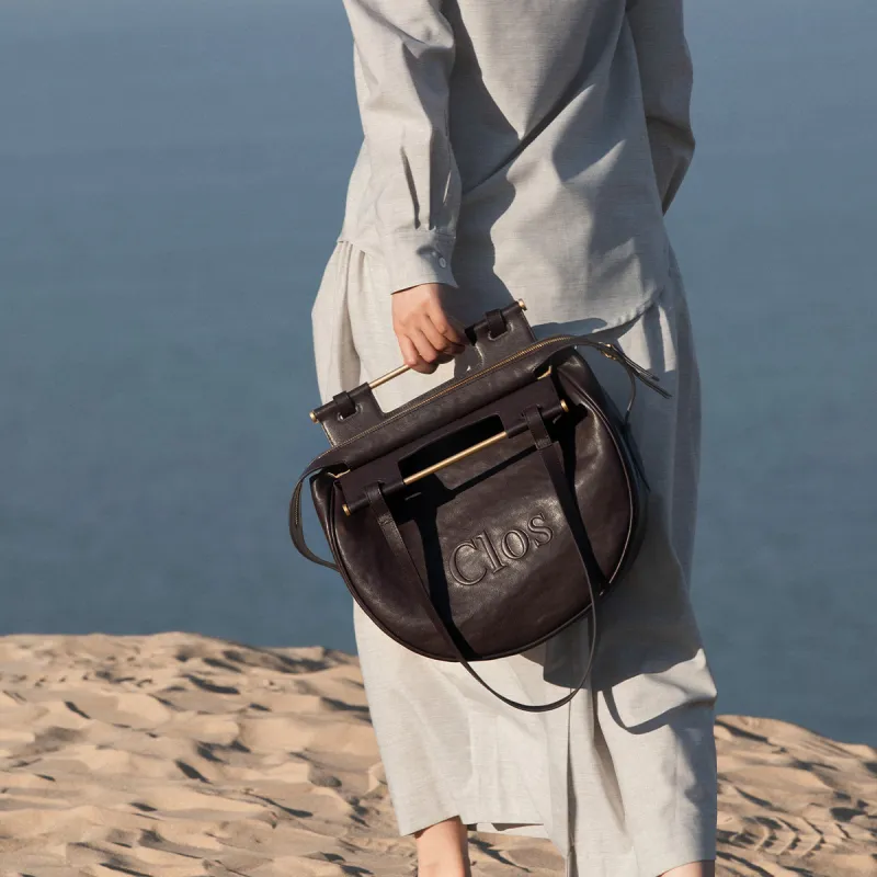 Clos Top Grain Vegetable Tanned Calfskin Apple Bag Portable Crossbody Bag Shoulder Bag Women's Brown/Black/Dark Purple-5