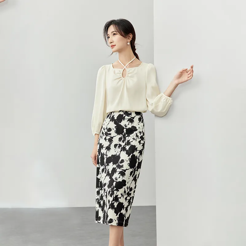 SENTUBILA Two Piece Skirt Sets Women's Apricot With Multicolor-4