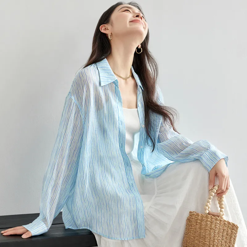 SENTUBILA Shirt Women's Light Blue Stripes-5