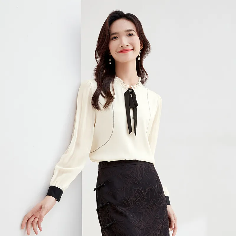 SENTUBILA Chiffon Shirts Women's Beige Apricot-4