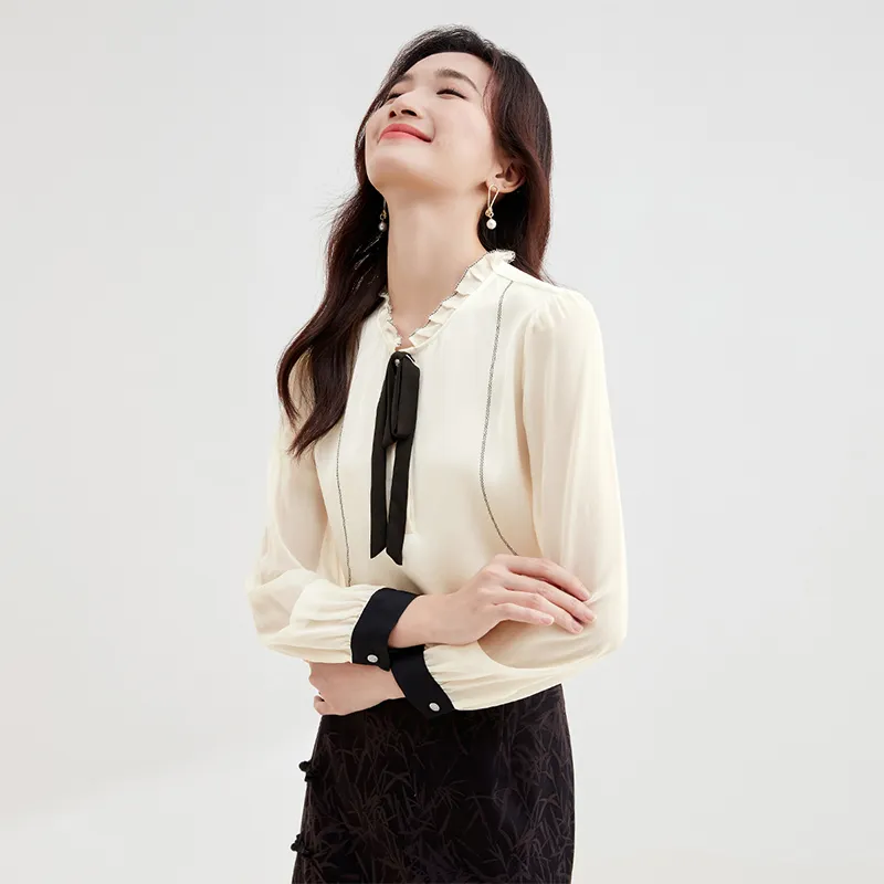 SENTUBILA Chiffon Shirts Women's Beige Apricot-6