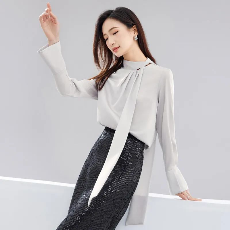 SENTUBILA Chiffon Shirts Women's Glacier Gray-2