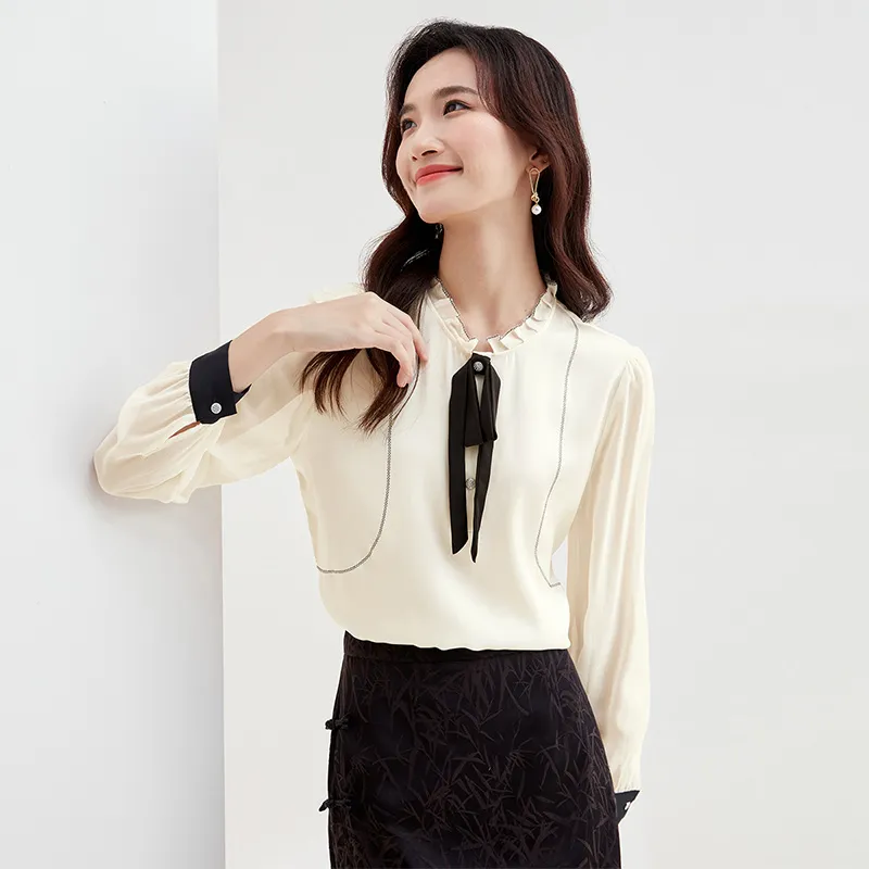SENTUBILA Chiffon Shirts Women's Beige Apricot-3
